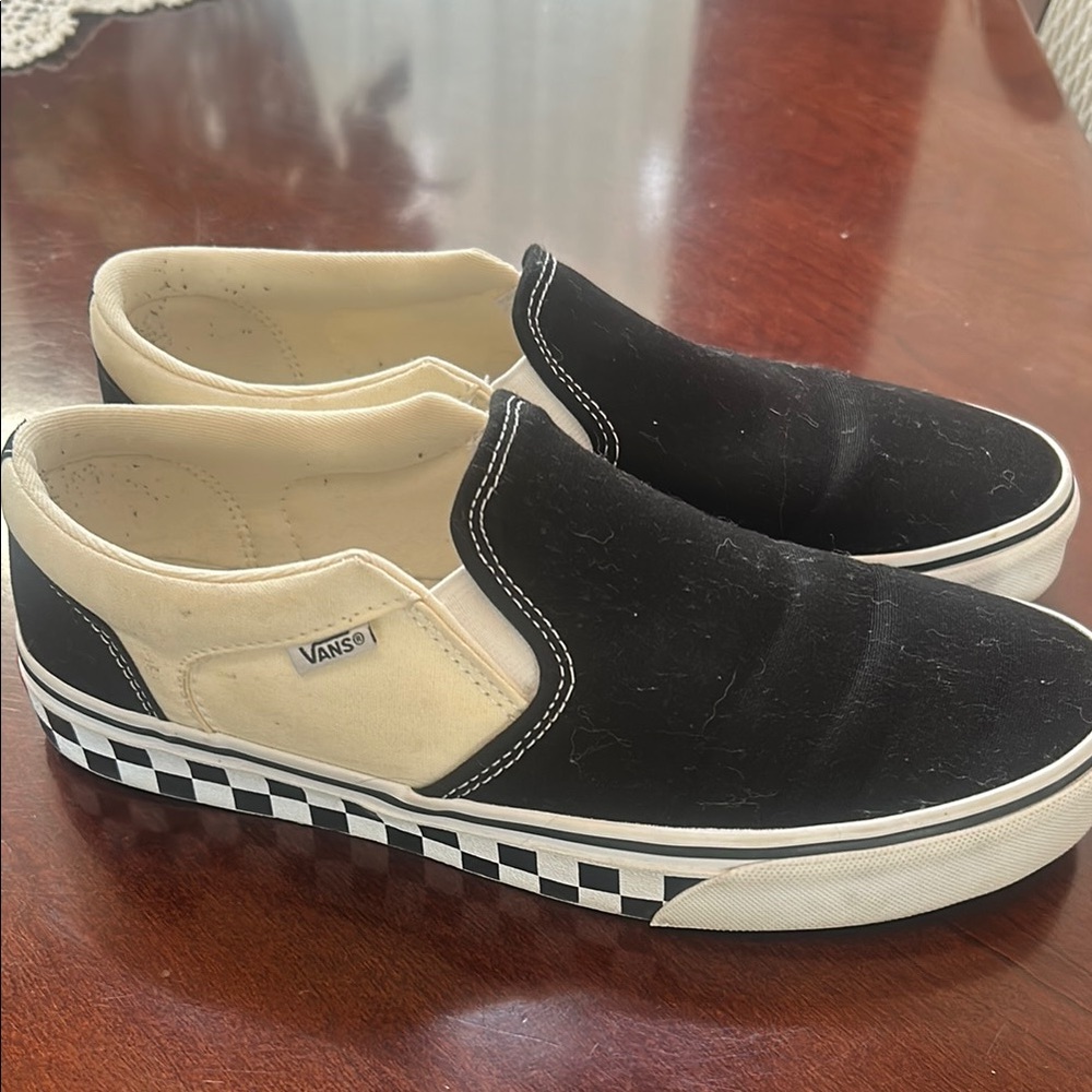 Vans Black and Cream Checkered Slip-Ons